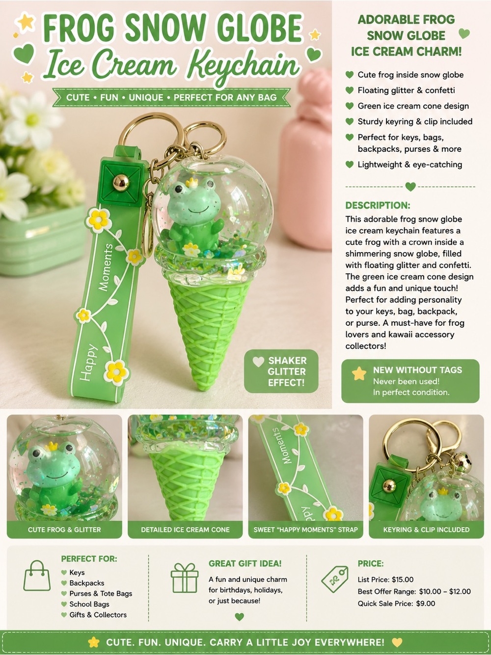 Frog Snow Globe Ice Cream Cone Keychain Purse Charm | Kawaii Green Charm